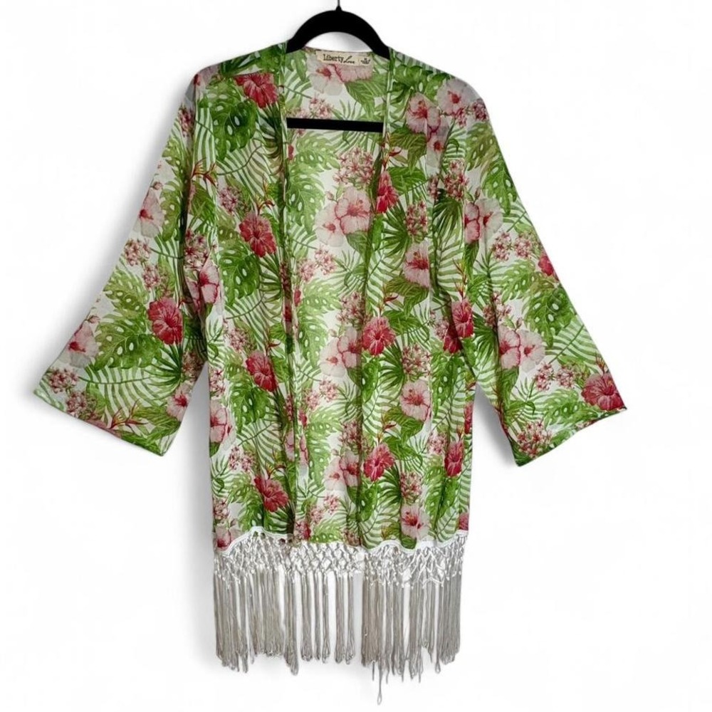 Tropical Kimono Cardigan Coverup Floral Fringe Liberty Love M Boho Resortwear